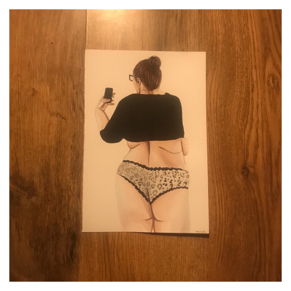 water colour back view of plus size womsn in leopard print knickers 
